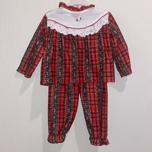 VTG Edie Bee Plaid Pajama Set 2T Lace Ruffles Holiday Christmas Flower Warm Soft